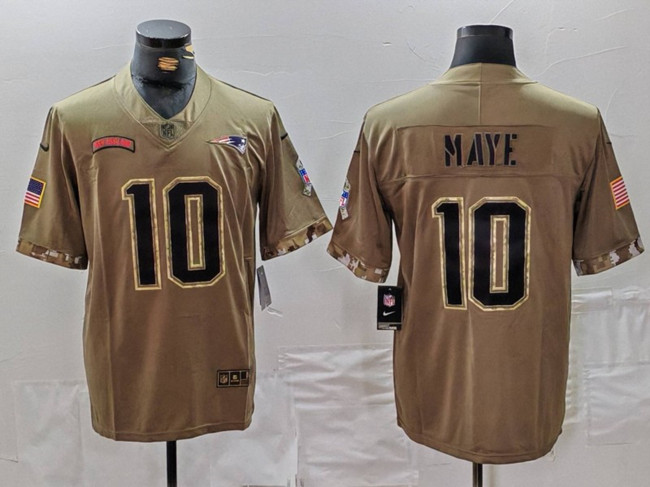 Men's New England Patriots #10 Drake Maye Olive 2022 Salute To Service Limited Football Stitched Jersey